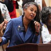 Sen. Nikki Merritt, D-Grayson, speaks at the Georgia State Capitol during a press conference on Wednesday, July 24, 2024, to respond to the state's decision to defund AP African American studies. (Natrice Miller/ AJC)