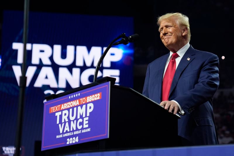 Republican presidential nominee former President Donald Trump speaks at a campaign rally at the Desert Diamond Arena, Friday, Aug. 23, 2024, in Glendale, Ariz. (AP Photo/Evan Vucci)