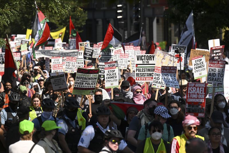 Protesters march to the Democratic National Convention after a rally at Union Park Monday, Aug. 19, 2024, in Chicago. (AP Photo/Noah Berger)