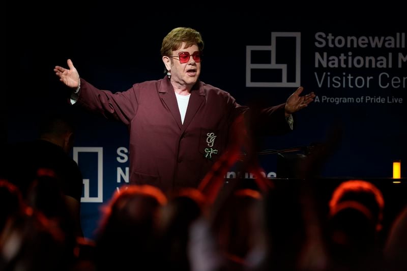 Elton John performs during the grand opening ceremony for the Stonewall National Monument Visitor Center, Friday, June 28, 2024, in New York. (AP Photo/Julia Nikhinson)