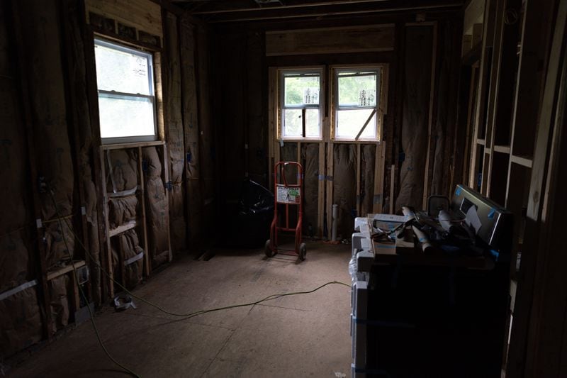 The under-construction interior of Dorothy and George Williams, who fell victim to a home repair scam, is seen in Atlanta on Monday, May 13, 2024. (Arvin Temkar / AJC)