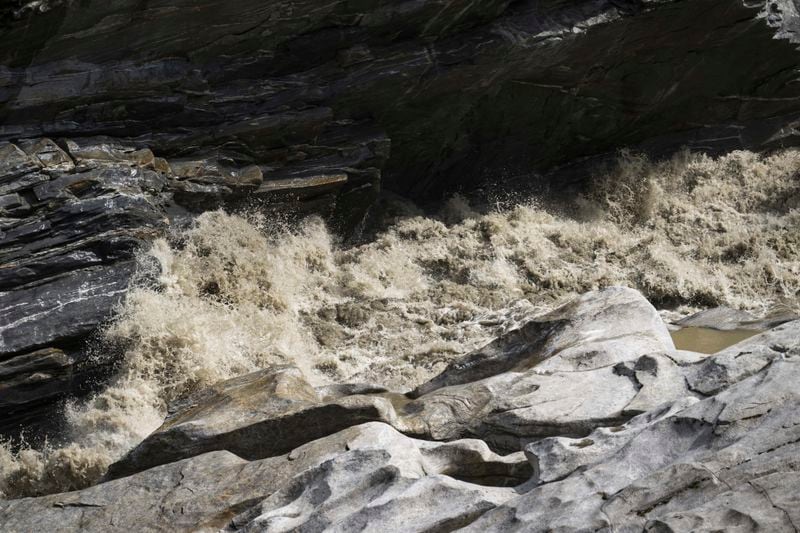 View of the Maggia river following the heavy rain and storms, in Valle Maggia, Switzerland, Sunday, June 30, 2024. (Pablo Gianinazzi/Keystone via AP)