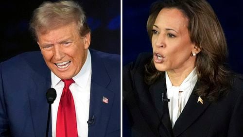 This combination of photos shows Republican presidential nominee former President Donald Trump, left, and Democratic presidential nominee Vice President Kamala Harris during an ABC News presidential debate at the National Constitution Center, Tuesday, Sept. 10, 2024, in Philadelphia. (AP Photo/Alex Brandon)