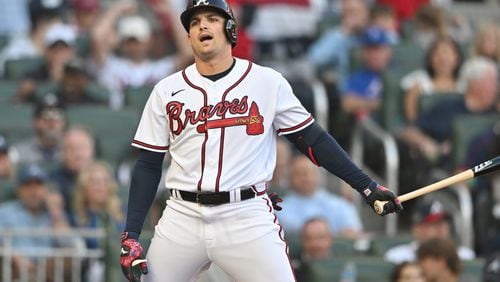 Atlanta Braves third baseman Austin Riley reacts to striking out in first inning of Game 1 of the NLDS at Truist Park in Atlanta, Saturday, October 7, 2023. (Hyosub Shin / Hyosub.Shin@ajc.com)