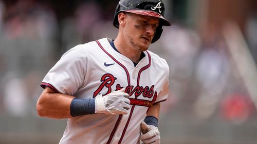 Atlanta Braves' Sean Murphy (12) rounds the bases after he hit a two-run homer against the Detroit Tigers in the third inning of a baseball game, Wednesday, June 19, 2024, in Atlanta. (AP Photo/Mike Stewart)
