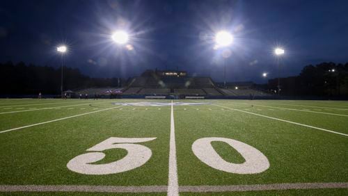 The fifty yard line is shown before the first round game between Peachtree Ridge and  Lambert in the Class 7A playoffs at Peachtree Ridge high school, Friday, November 10, 2023, in Suwanee, Ga. (Jason Getz / Jason.Getz@ajc.com)