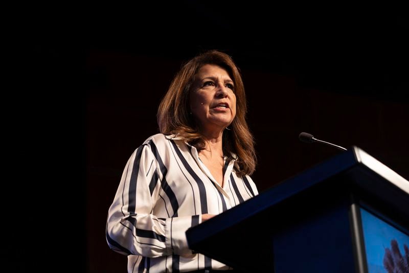 Gina Gleason speaks at a Comeback California Tour event at Revival Fellowship, Saturday, Sept. 21, 2024, in Menifee, Calif. (AP Photo/Zoë Meyers)