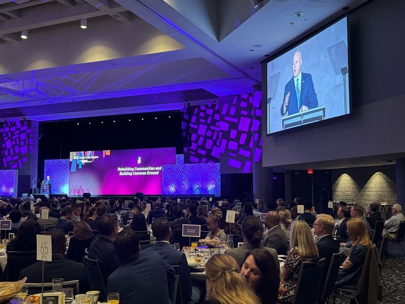 Mitch Landrieu, a senior advisor to President Joe Biden and the White House’s infrastructure coordinator, speaks to a packed ballroom at the Georgia World Congress Center during the Atlanta Regional Commission's "State of the Region" event on Friday, Oct. 27, 2023.
