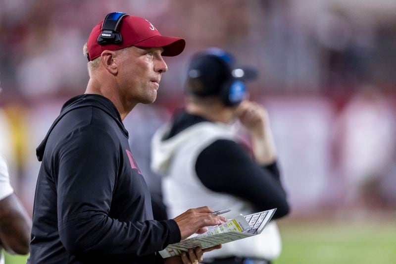 Alabama head coach Kalen DeBoer looks on in a timeout during the first half of an NCAA college football game against South Florida, Saturday, Sept. 7, 2024, in Tuscaloosa, Ala. (AP Photo/Vasha Hunt)