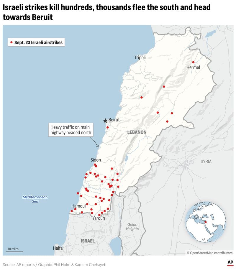 The map above shows the location of deadly Israeli strikes in Lebanon on September 23, 2024. (AP Digital Embed)