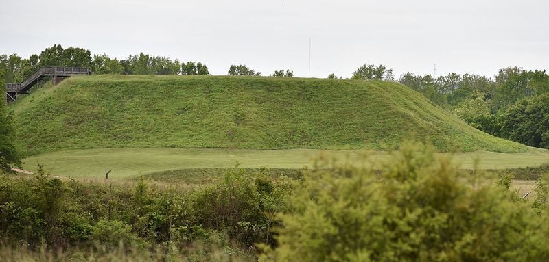 The Great Temple Mound, in the Ocmulgee Mounds National Historic Park, rises nine stories high. BRANT SANDERLIN/BSANDERLIN@AJC.COM