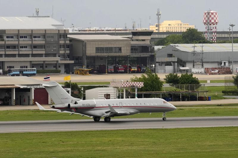 The plane thought to be carrying WikiLeaks’ Julian Assange, on his way to enter a plea deal in U.S. court, lands in Bangkok, Thailand, Tuesday, June 25, 2024. (AP Photo/Sakchai Lalit)