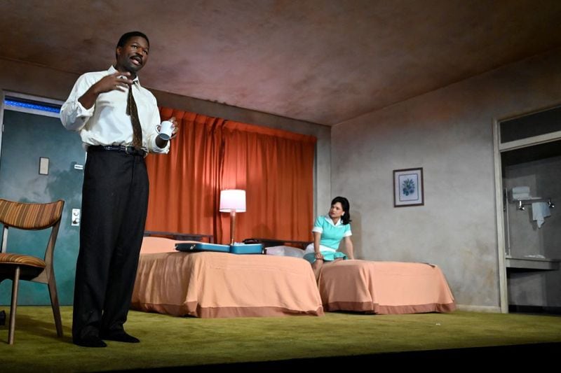 (l. to r.) Actors Rob Demery and Jade Payton appearing in "The Mountaintop."