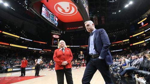 Hawks owner Tony Ressler walks off the court in the final minute of a 136-131 loss to the New York Knicks in a NBA basketball game after the NBA announce the season was suspended on Wednesday, March 11, 2020, in Atlanta.   Curtis Compton ccompton@ajc.com