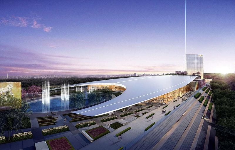 The $1.4 billion MGM National Harbor casino resort, shown in this artist’s rendering, will feature restaurants by celebrity chefs, luxury shops, a 3,000-seat theater and a hotel with 308 rooms and suites. The project is expected to open this month in Maryland near Washington, D.C. MGM hopes a change in law will allow it to operate in Georgia, where opposition to casino gambling remains strong.
