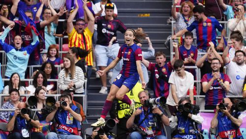 Barcelona's Aitana Bonmati celebrates scoring her side's first goal during the women's Champions League final soccer match between FC Barcelona and Olympique Lyonnais at the San Mames stadium in Bilbao, Spain, Saturday, May 25, 2024. (AP Photo/Jose Breton)