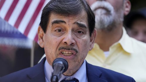 LULAC National President Roman Palomares speaks at a news conference where he and other officials with LULAC held a news conference to respond to allegations by Texas Attorney General Ken Paxton, Monday, Aug. 26, 2024, in San Antonio. (AP Photo/Eric Gay)