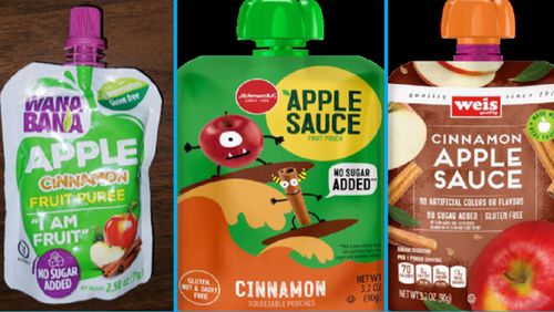 FILE - This image provided by the U.S. Food and Drug Administration on Nov. 17, 2023, shows three recalled applesauce products - WanaBana apple cinnamon fruit puree pouches, Schnucks-brand cinnamon-flavored applesauce pouches and variety pack, and Weis-brand cinnamon applesauce pouches. Dollar Tree failed to effectively recall the lead-tainted applesauce pouches linked to reports of illness in more than 500 children, leaving the products on some stores shelves for two months, the Food and Drug Administration said Tuesday, June 18, 2024. (FDA via AP, File)