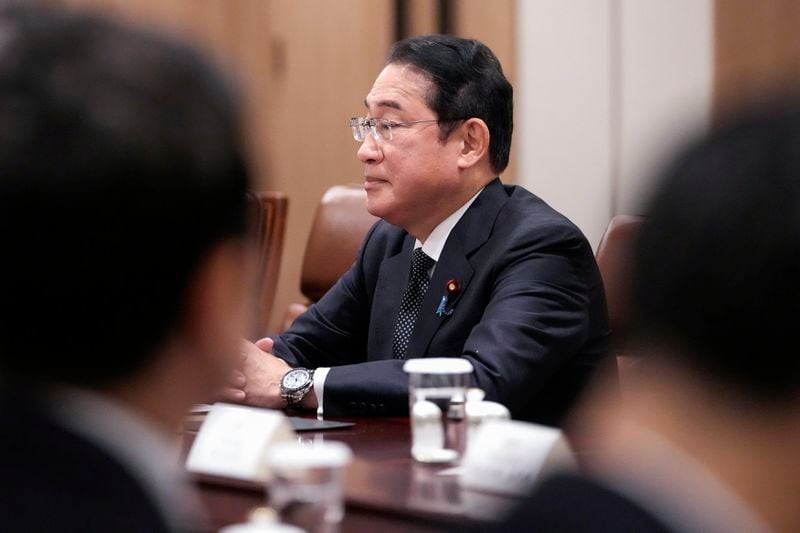 Japanese Prime Minister Fumio Kishida meets South Korean President Yoon Suk Yeol during a meeting at the Presidential Office in Seoul, South Korea, Friday, Sept. 6, 2024. (AP Photo/Lee Jin-man, Pool)