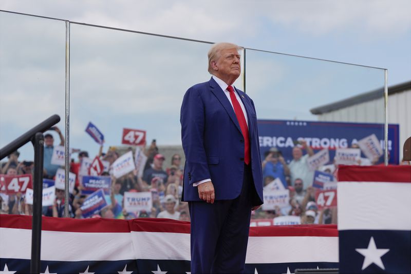 Republican presidential nominee former President Donald Trump attends a campaign rally at North Carolina Aviation Museum, Wednesday, Aug. 21, 2024, in Asheboro, N.C. (AP Photo/Julia Nikhinson)