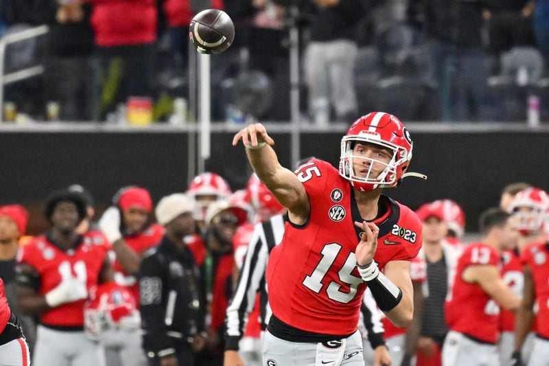 Georgia quarterback Carson Beck (15) throws downfield against Texas Christian during the  College Football Playoff Championship game at SoFi Stadium on Jan. 9, 2023, in Inglewood, California. (Hyosub Shin/The Atlanta Journal-Constitution/TNS)