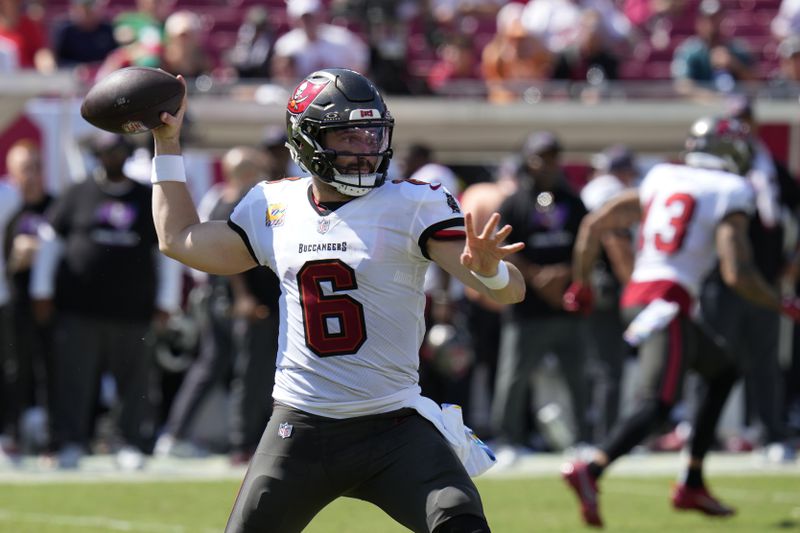 Tampa Bay Buccaneers' Baker Mayfield passes during the second half of an NFL football game against the Philadelphia Eagles, Sunday, Sept. 29, 2024, in Tampa, Fla. (AP Photo/Chris O'Meara)