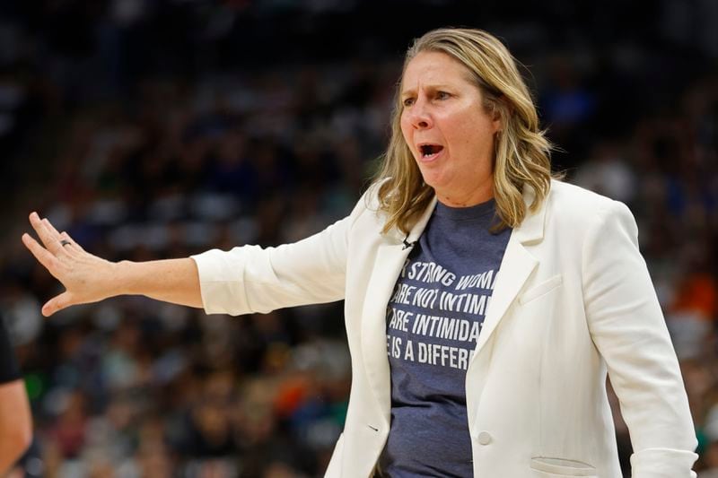 Minnesota Lynx head coach Coach Cheryl Reeve directs her team as they play the Phoenix Mercury in the first quarter of Game 2 of a WNBA basketball first-round playoff game, Wednesday, Sept. 25, 2024, in Minneapolis. (AP Photo/Bruce Kluckhohn)