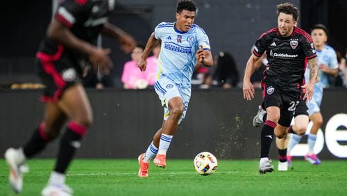 Atlanta United defender Caleb Wiley #26 dribbles during the first half of the match against the D.C. United at Audi Field in Washington,  on Wednesday June 19, 2024. (Photo by Mitch Martin/Atlanta United)