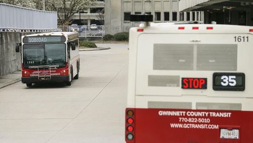 Gwinnett County Transit buses travel through the bus loading area at the Doraville MARTA Transit Station in Doraville, Tuesday, February 26, 2019. (ALYSSA POINTER/ALYSSA.POINTER@AJC.COM)
