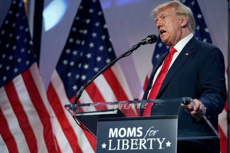 FILE - Republican presidential candidate former President Donald Trump speaks at the Moms for Liberty meeting in Philadelphia, June 30, 2023. The conservative parental rights group Moms for Liberty plans to spend more than $3 million on a multi-state advertising blitz to increase its membership and engage voters before November. (AP Photo/Matt Rourke, File)