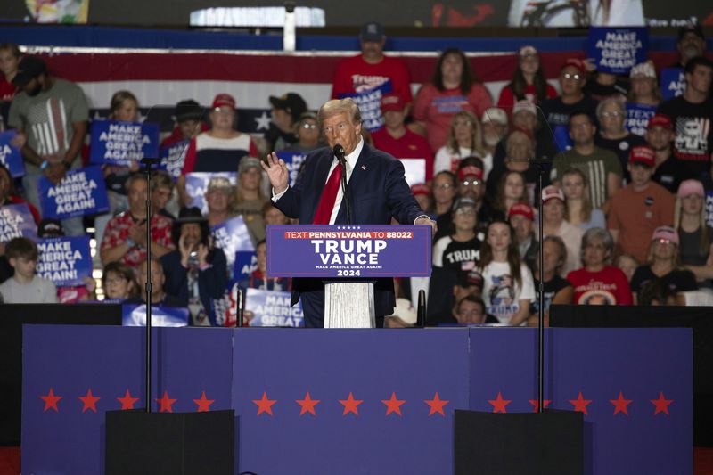 Republican presidential nominee former President Donald Trump speaks during a campaign rally at Bayfront Convention Center in Erie, Pa., Sunday, Sept. 29, 2024. (AP Photo/Rebecca Droke)