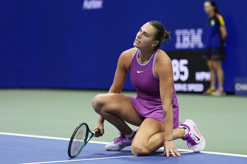 Aryna Sabalenka, of Belarus, reacts in the second set against Jessica Pegula, of the United States, during the women's singles final of the U.S. Open tennis championships, Saturday, Sept. 7, 2024, in New York. (AP Photo/Julia Nikhinson)