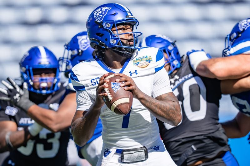 Georgia State Panthers quarterback Braylen Ragland (7) drops back for a pass during a Spring Ball Football game on Friday, April 12, 2024, 2024, in downtown Atlanta. (Atlanta Journal-Constitution/Jason Allen)