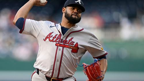 Atlanta Braves starting pitcher Reynaldo Lopez throws to a Washington Nationals batter during the first inning of a baseball game Thursday, June 6, 2024, in Washington. (AP Photo/John McDonnell)