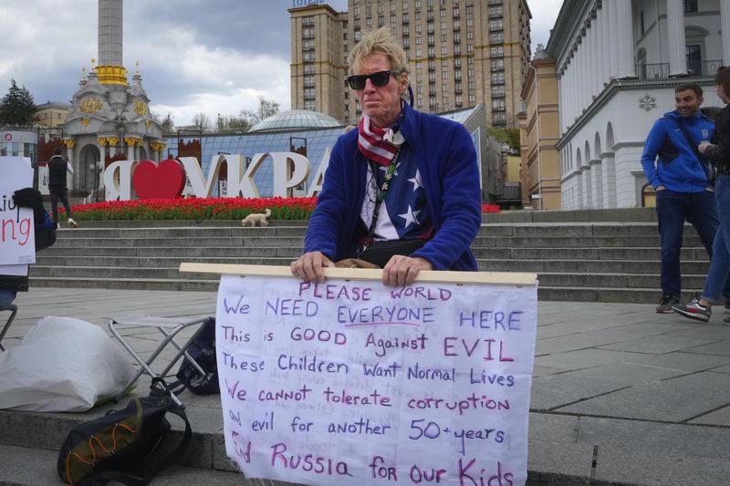 Ryan Wesley Routh takes part in a rally in central Kyiv, Ukraine, Saturday, April 30, 2022. (AP Photo/Efrem Lukatsky)