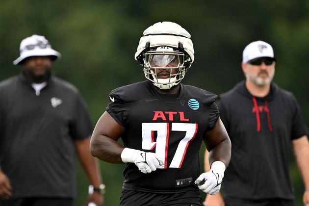 Atlanta Falcons defensive lineman Grady Jarrett (97) is seen during the first day of Atlanta Falcons Training Camp on Thursday, July 25, 2024 in Flowery Branch. (Hyosub Shin / AJC)