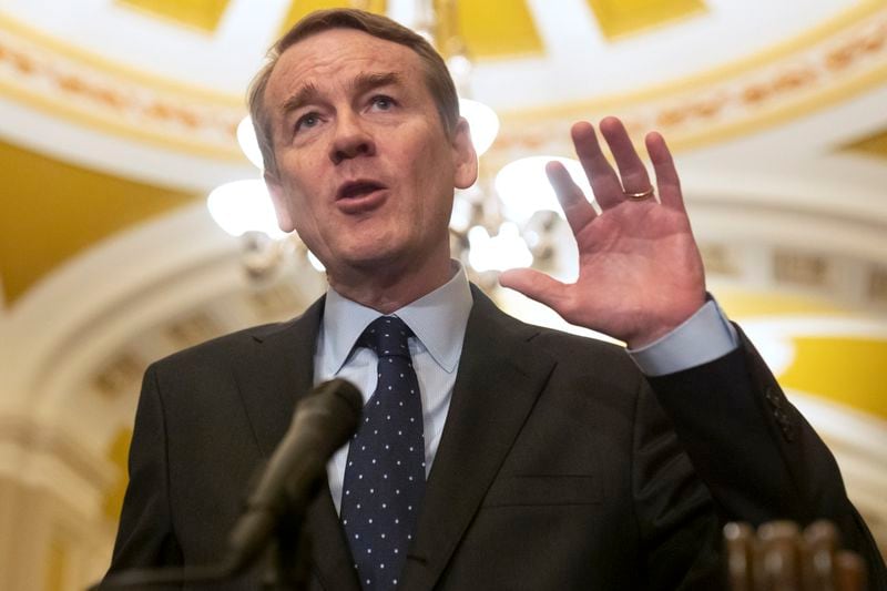 FILE - Sen. Michael Bennet, D-Colo., speaks on Capitol Hill, Feb. 27, 2024, in Washington. It's been two weeks since President Joe Biden's debate with Donald Trump. On Thursday, July 11, the 11th lawmaker joined the list of Democrats calling on Biden to end his candidacy. After days of reckoning, many more are known to be harboring that wish. "I think we could lose the whole thing and it's staggering to me," Bennet told MSNBC. He meant the presidency, the Senate and the House, in what he worries may be a Trump landslide. (AP Photo/Mark Schiefelbein, File)