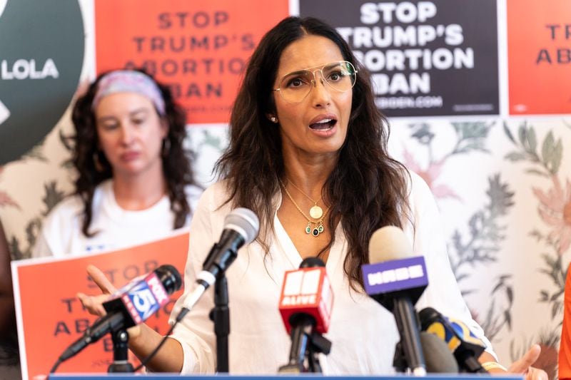 Padma Lakshmi speaks at a press conference marking two years since Roe v. Wade was overturned at The Lola in Atlanta on Monday, June 24, 2024. (Seeger Gray / AJC)