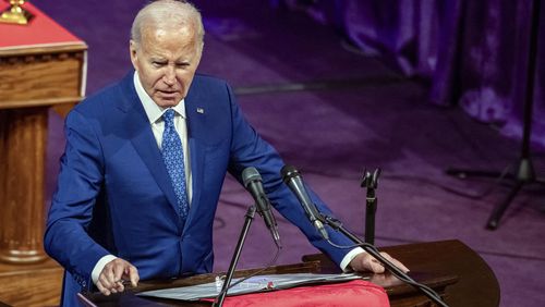 President Joe Biden delivers remarks July 7 at Mount Airy Church of God in Christ in Philadelphia. (David Muse/CNP/Abaca Press/TNS)