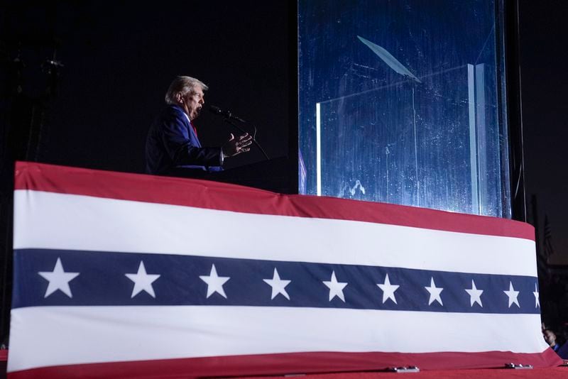 Republican presidential nominee former President Donald Trump speaks at a campaign rally at the Butler Farm Show, Saturday, Oct. 5, 2024, in Butler, Pa. (AP Photo/Evan Vucci)