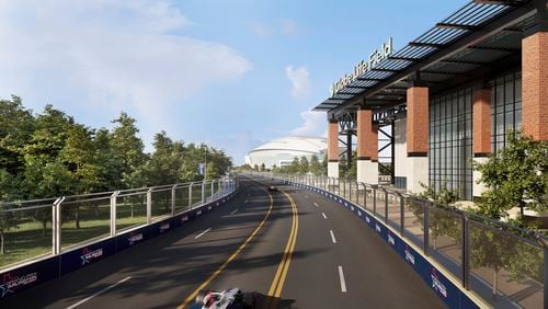 This artists rendering provided by IndyCar shows race cars passing Globe Life Field and AT&T Stadium during an IndyCar race in Arlington, Texas. (IndyCar via AP)