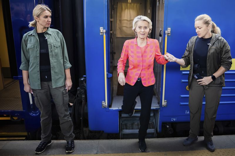 President of the European Commission, Ursula von der Leyen arrives at the railway station in Kyiv, Ukraine, Friday, Sept. 20, 2024. (Christoph Soeder, Pool via AP)