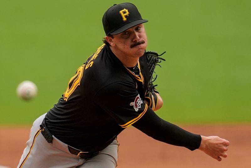 Pittsburgh Pirates pitcher Paul Skenes (30) works from the mound against the Atlanta Braves in the first inning of a baseball game, Saturday, June 29, 2024, in Atlanta. (AP Photo/Mike Stewart)