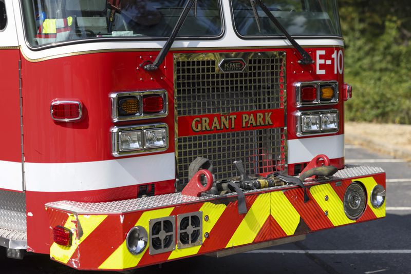 Atlanta Fire Department Engine with Company 10 out of Grant Park is shown at a live burn on the Georgia Tech campus, Wednesday, October 4, 2023, in Atlanta. The Atlanta Fire Rescue Department, in collaboration with Georgia Tech and he Fire Service Psychology Association Conference hosted an educational live burn. (Jason Getz / Jason.Getz@ajc.com)