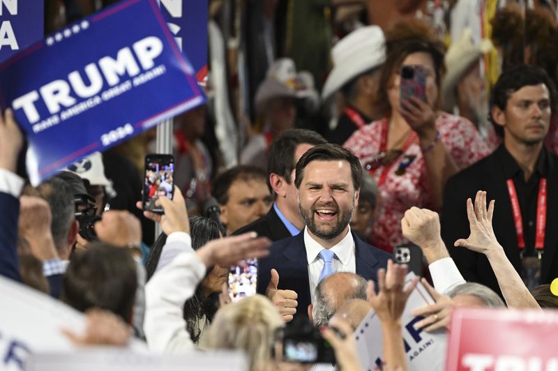 U.S. Sen. JD Vance, R-Ohio, takes the floor during the first day of the Republican National Convention at the Fiserv Forum in Milwaukee. Former President Donald Trump chose Vance to be his running mate in this year's presidential election, wagering that the young senator will bring fresh energy to the GOP ticket and ensure that the movement Trump began nearly a decade ago can live on after him. (Kenny Holston/The New York Times)
                      