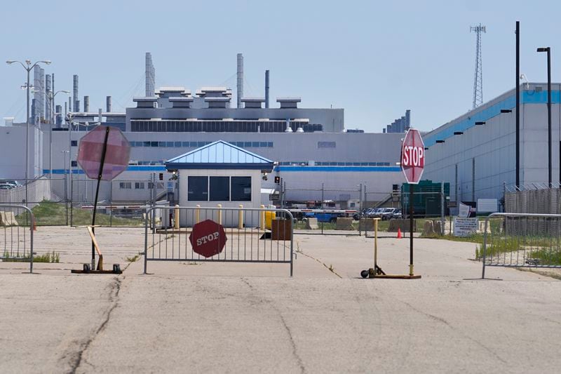 FILE - An entrance to the Stellantis factory in Belvidere. Ill., is shown on July 10, 2023. (AP Photo/Charles Rex Arbogast, File)