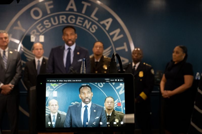 Atlanta Mayor Andre Dickens leads a press conference Tuesday, Mar. 29, 2022, to announce the formation of a unit targeting repeat offenders. Ben Gray for the Atlanta Journal-Constitution