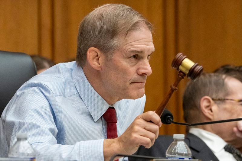 FILE- House Judiciary Committee Chair Rep. Jim Jordan, R-Ohio, bangs the gavel during a House Judiciary Committee hearing on the Department of Justice, June 4, 2024, on Capitol Hill in Washington. The House is expected to vote on a resolution holding Attorney General Merrick Garland in contempt of Congress for refusing to turn over audio of President Joe Biden’s interview in his classified documents case. The contempt action represents House Republicans’ latest and strongest rebuke of the Justice Department and of Garland’s leadership. (AP Photo/Jacquelyn Martin, File)