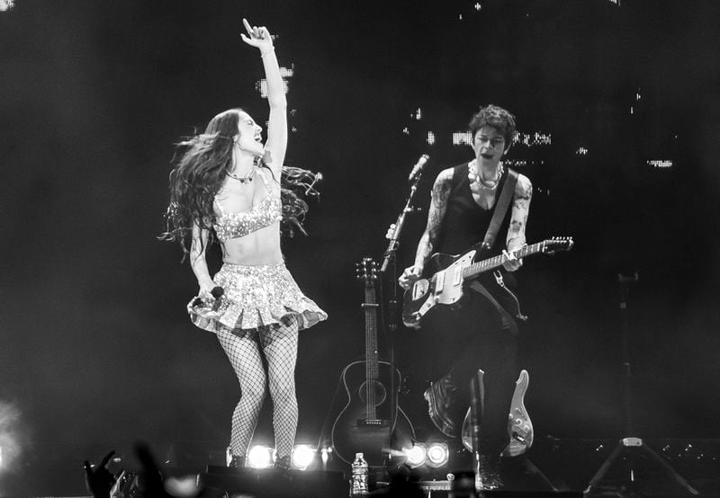 Olivia Rodrigo sings to a sold-out crowd of screaming fans at State Farm Arena on Tuesday July 23, 2024. (RYAN FLEISHER FOR THE ATLANTA JOURNAL-CONSTITUTION)