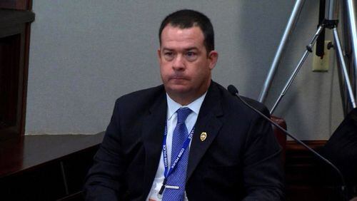 Cobb County lead detective Phil Stoddard testifies in the murder trial of Justin Ross Harris at the Glynn County Courthouse in Brunswick, Ga., on Friday, Oct. 21, 2016. Stoddard resumed his testimony on Monday, Oct. 24, 2016. (screen capture via WSB-TV)